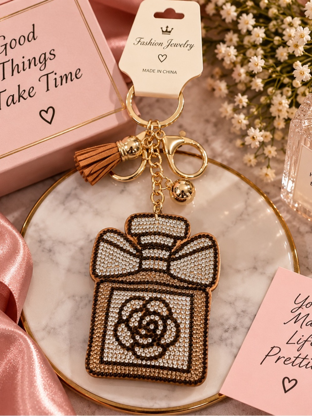 Perfum Gold and Brown Crystal Gift Box Keychain with Tassel